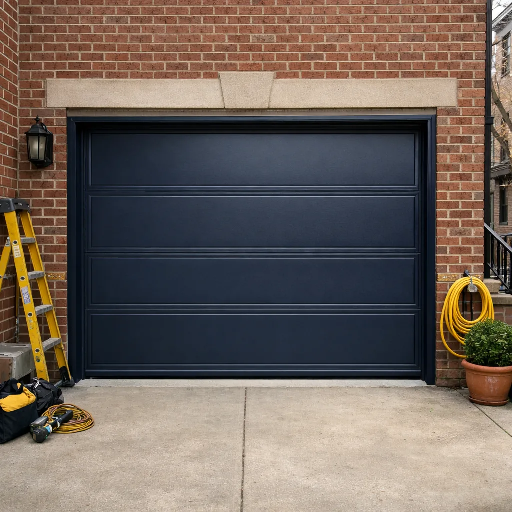 A repaired sectional garage door fully closed, panels even and flush at the bottom edge, on a brick home in a residential street