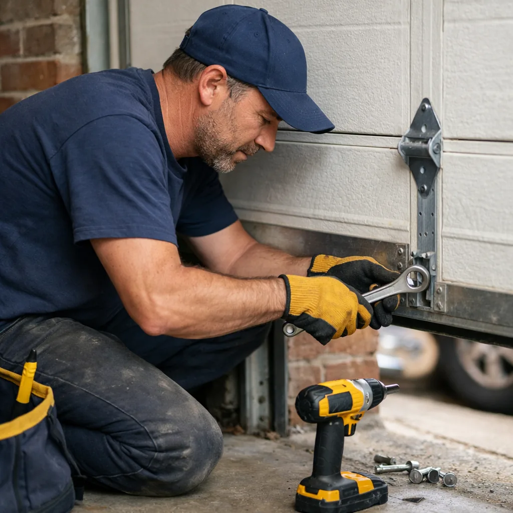 A technician in plain workwear kneeling at the side of a closed sectional garage door, adjusting a roller bracket on the track with a wrench