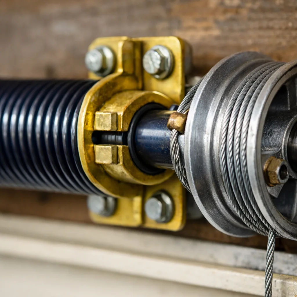 Close-up of a fresh torsion spring wound on its bar with a center bracket and cable drum, clean and unmarked