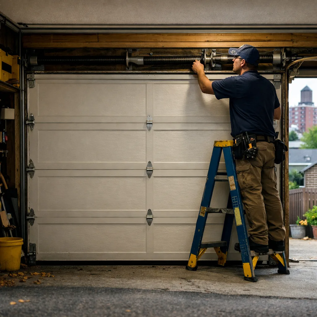 A technician in plain workwear on a short ladder at the top of a garage opening, inspecting the torsion spring and drum over a closed residential door, wide framing with the driveway in the foreground