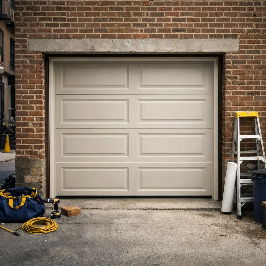 A newly installed insulated garage door in a neutral color on a rowhouse-style brick garage opening, closed, panels aligned