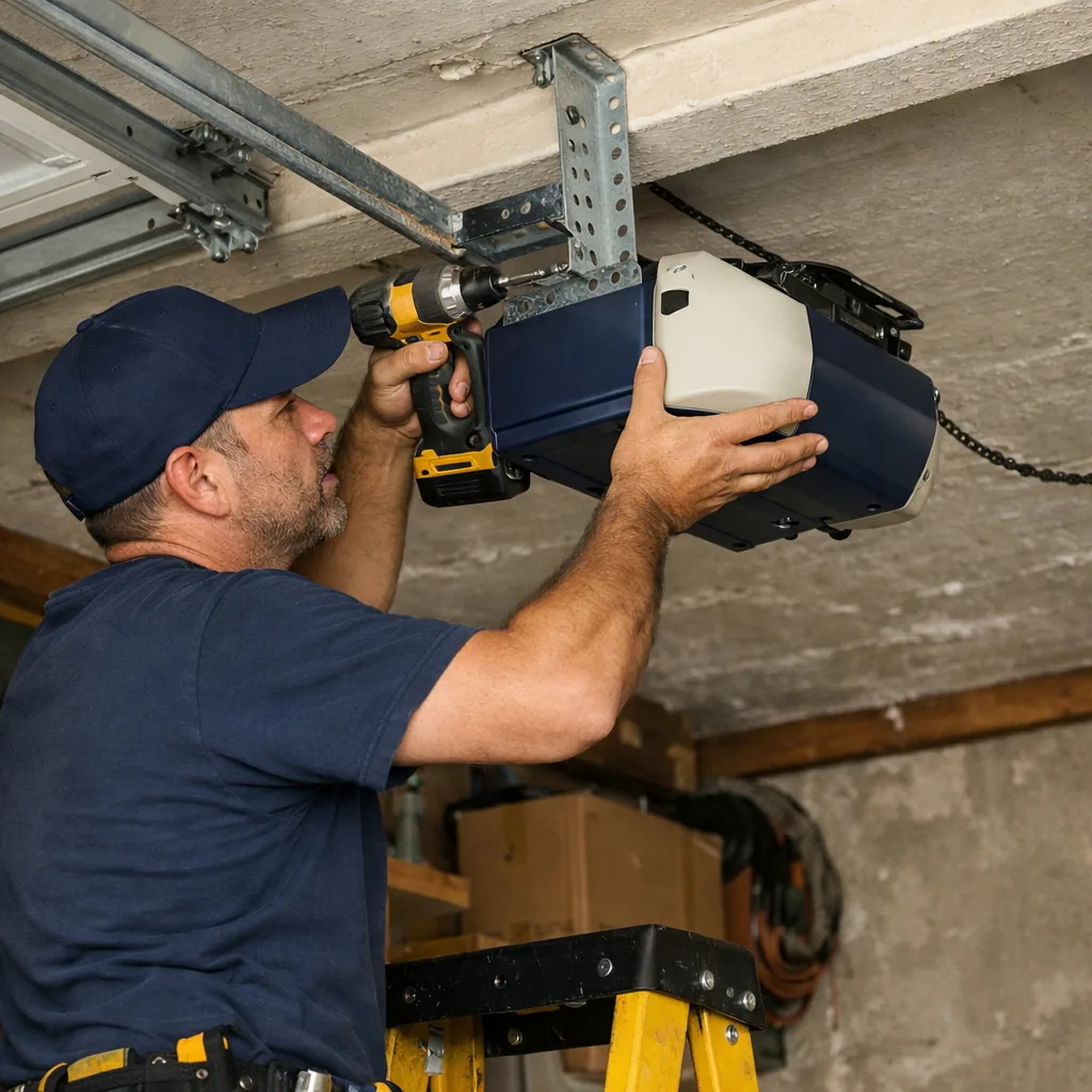 A technician in plain workwear mounting a garage door opener motor unit to the ceiling bracket in a garage