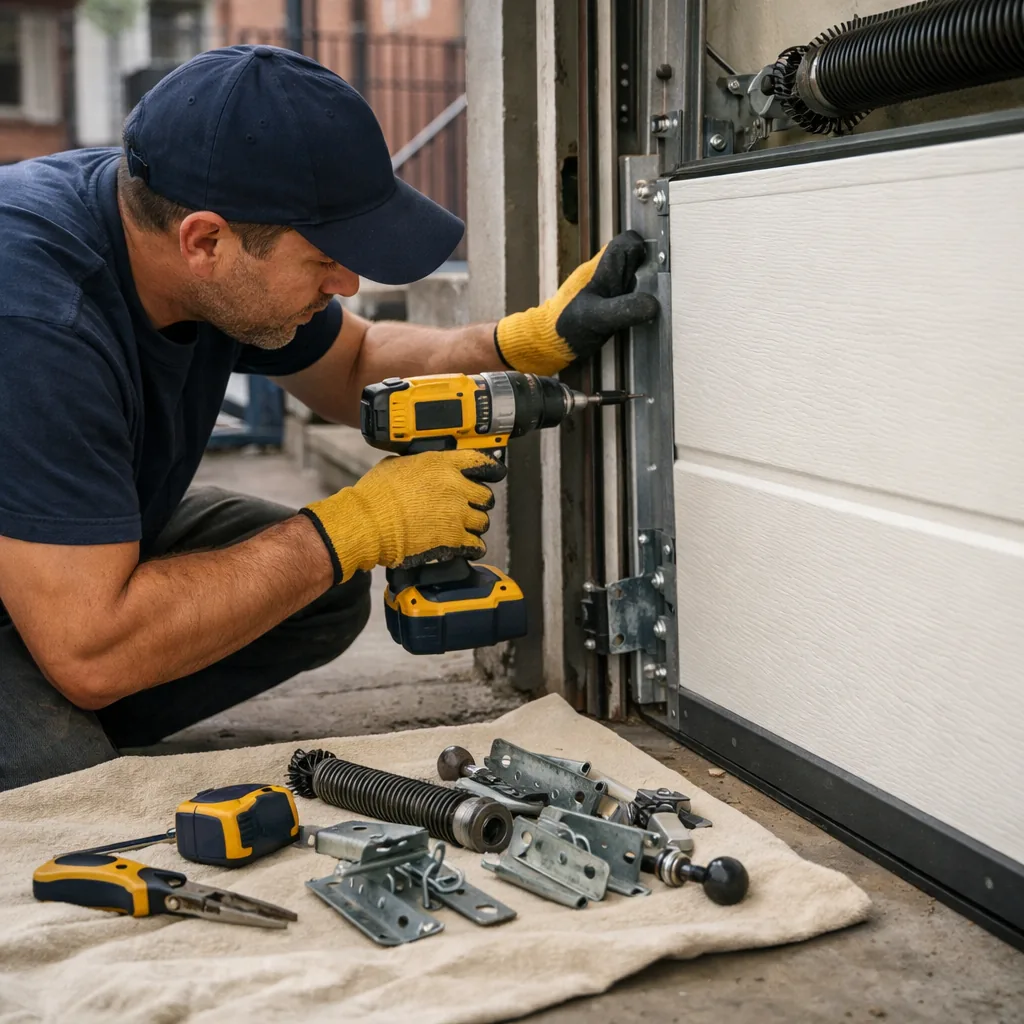 A technician in plain workwear fitting a new panel onto a garage door track, with the old hardware set neatly aside on a drop cloth