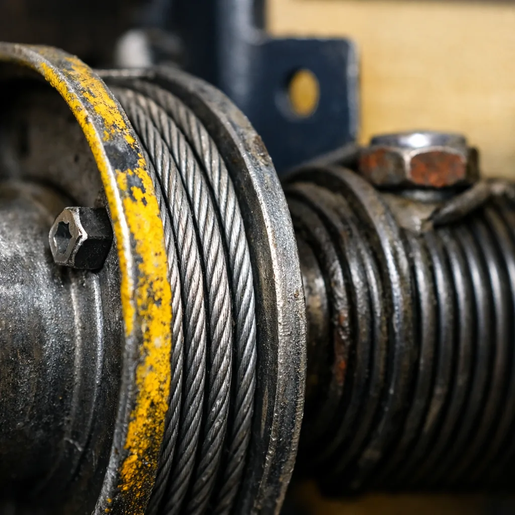 Close-up of a new steel cable seated in a cable drum beside a torsion spring