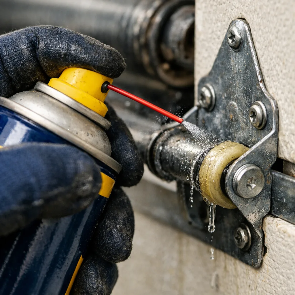 Close-up of a technician's gloved hand spraying lubricant onto a hinge and roller stem