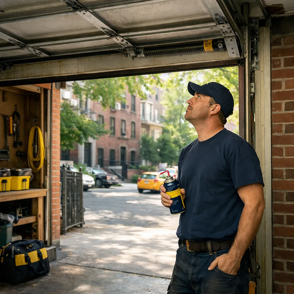 A technician in plain workwear standing beside an open residential garage door, holding a lubricant can and looking up at the overhead track, bright daylight, driveway visible