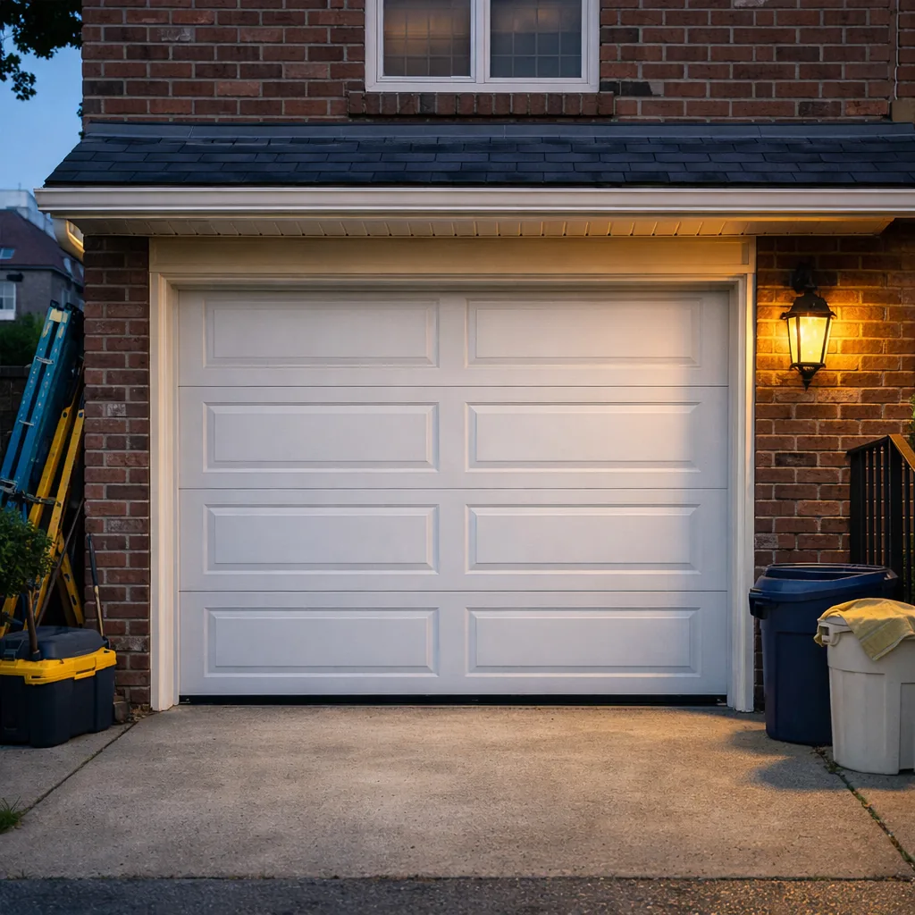 A closed garage door on a Queens-style attached garage, freshly serviced, panels quiet and level, evening light