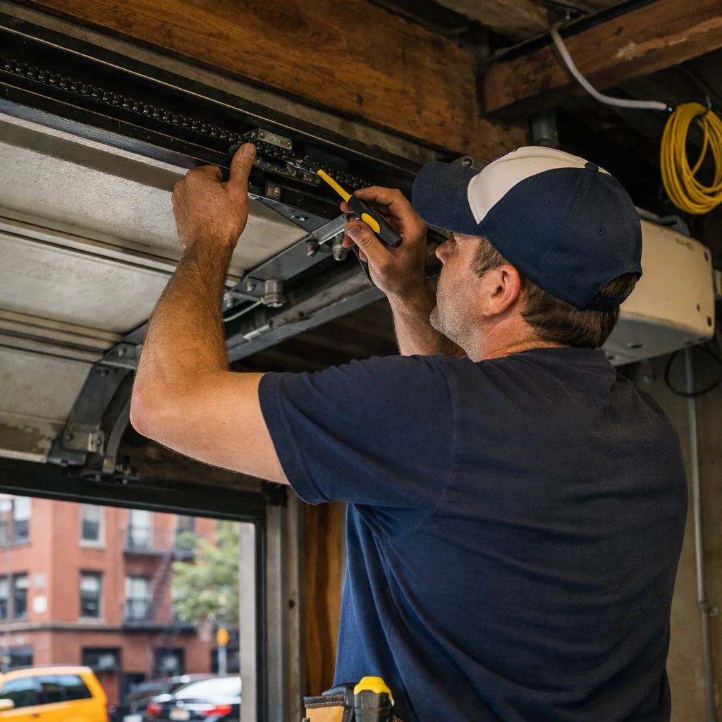 A technician in plain workwear checking a chain-drive opener rail on the garage ceiling while the door sits half open