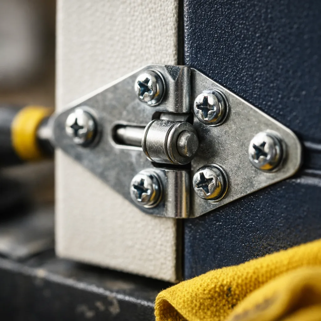 Close-up of new hinges screwed tightly into a panel joint, with clean steel hardware