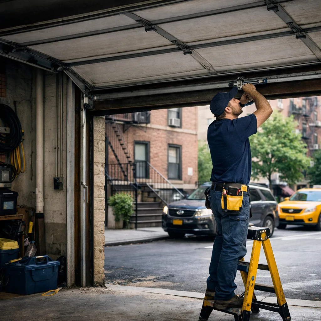 A technician in plain workwear standing on a step stool, tightening a bracket on the horizontal track of a residential garage door, wide shot with the door half raised