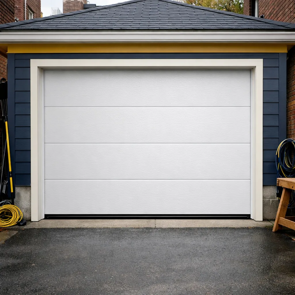 A garage door with an even bottom edge closed against the floor, freshly installed weatherseal visible, on a detached garage with a driveway