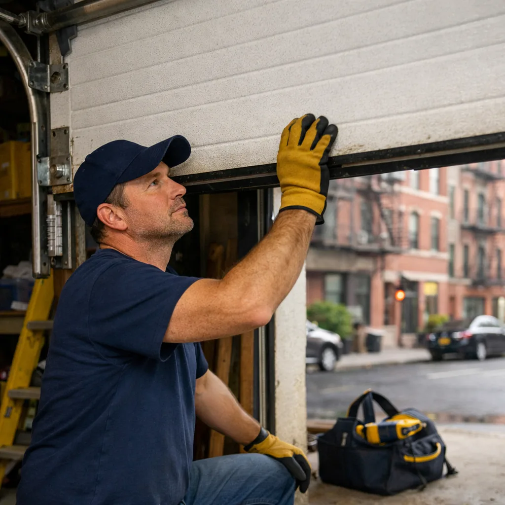 A technician in plain workwear testing the balance of a garage door by lifting it partway by hand