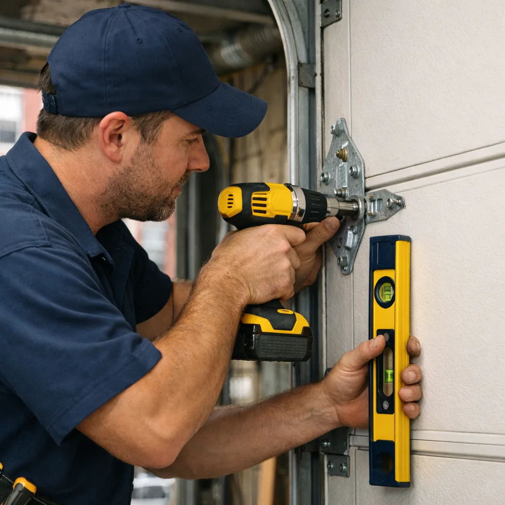 A technician in plain workwear tightening lag screws on a garage door hinge, with a level held against the panel