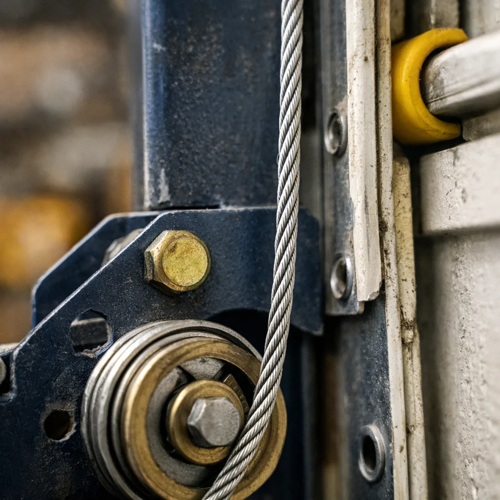 Close-up of a new lift cable running from the bottom bracket up the side of a garage door