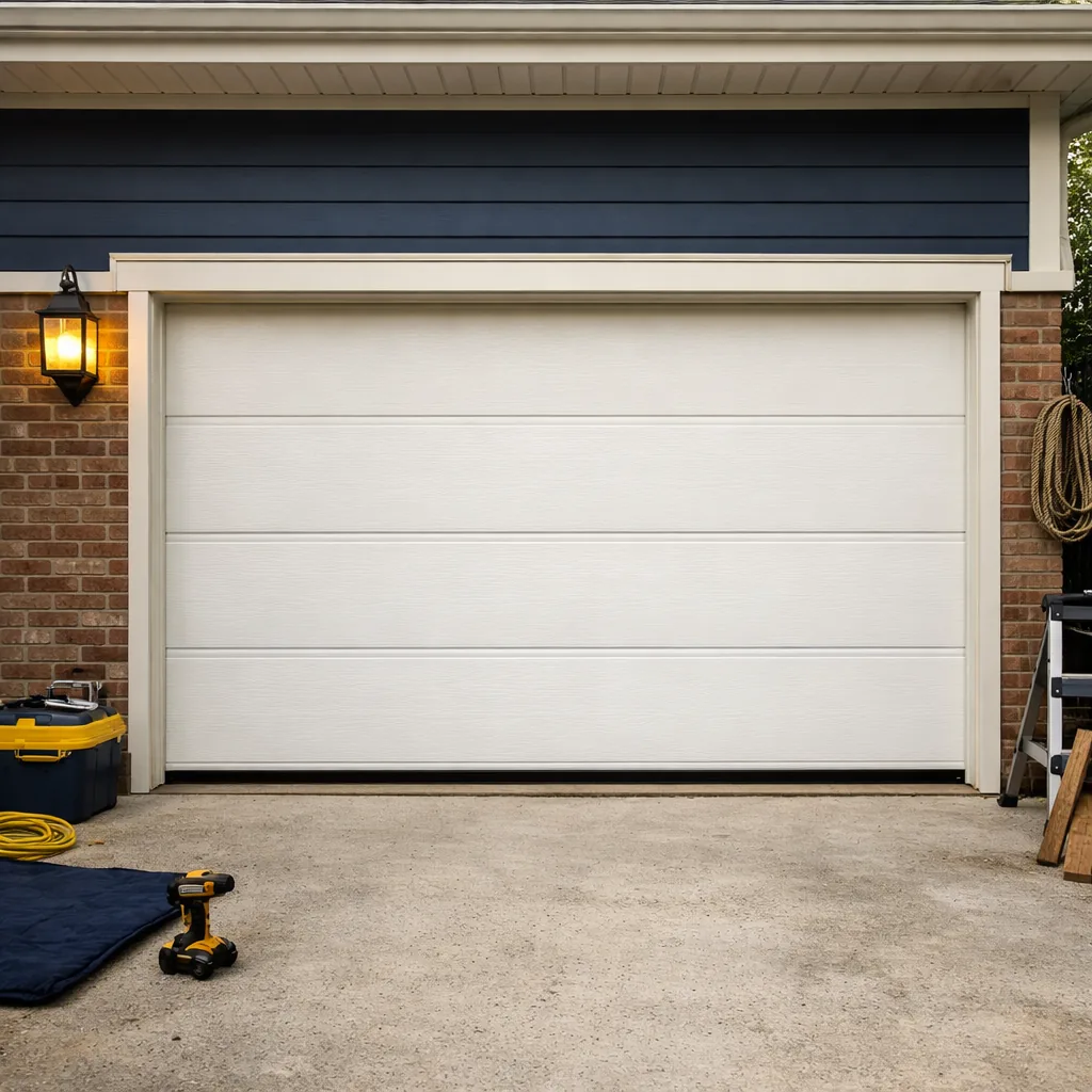 A garage door closed evenly across its full width after repair, bottom edge flush with the floor, on a suburban-style attached garage
