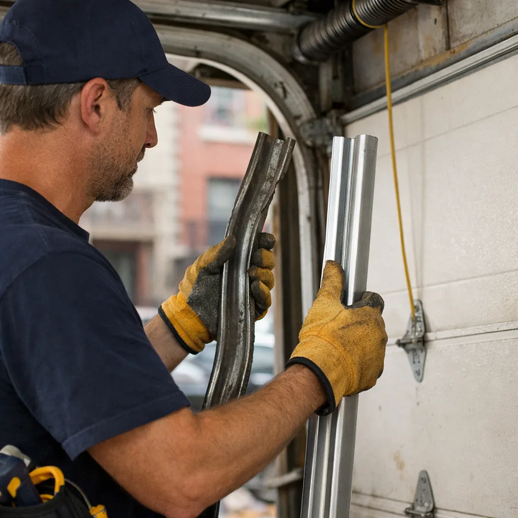 A technician in plain workwear holding a bent length of garage door track beside the door, comparing it to a straight replacement piece