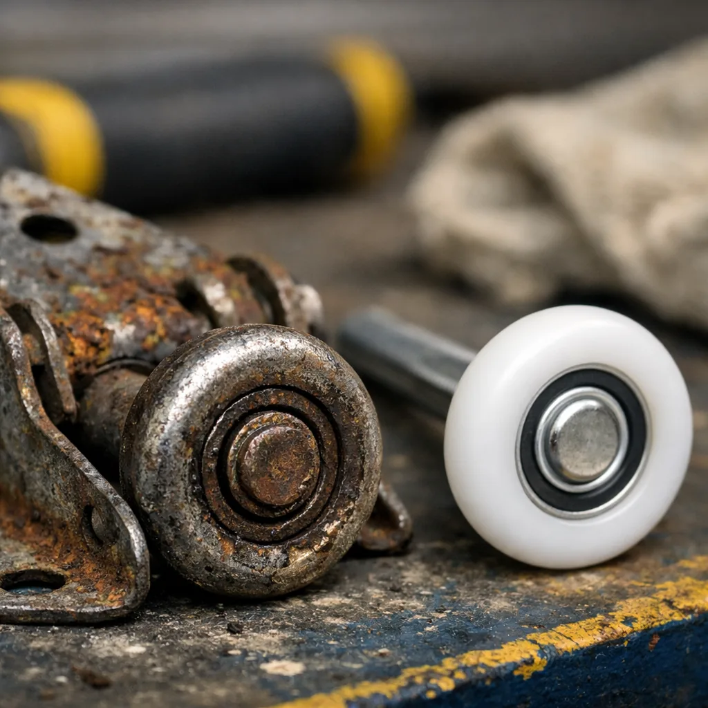 Close-up of a worn steel garage door roller and rusted hinge beside a new nylon roller on a workbench, neutral background