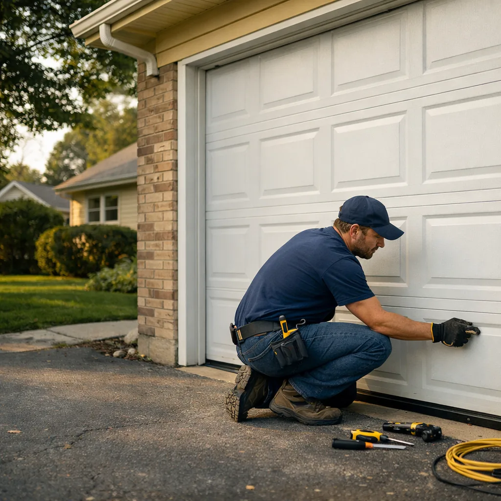 Wide shot of a technician in plain workwear crouched at the track of a closed white sectional garage door on a single-family house, checking the roller and hinge with a gloved hand, driveway and a low suburban-style house in soft daylight