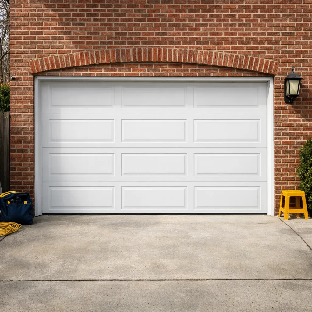 A repaired white sectional garage door fully closed and level on a brick single-family house, clean driveway in front