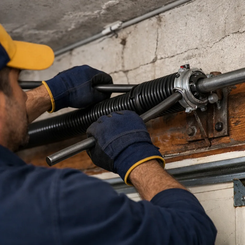 Close view of a technician's gloved hands winding a new torsion spring on a steel shaft above a garage door, using winding bars