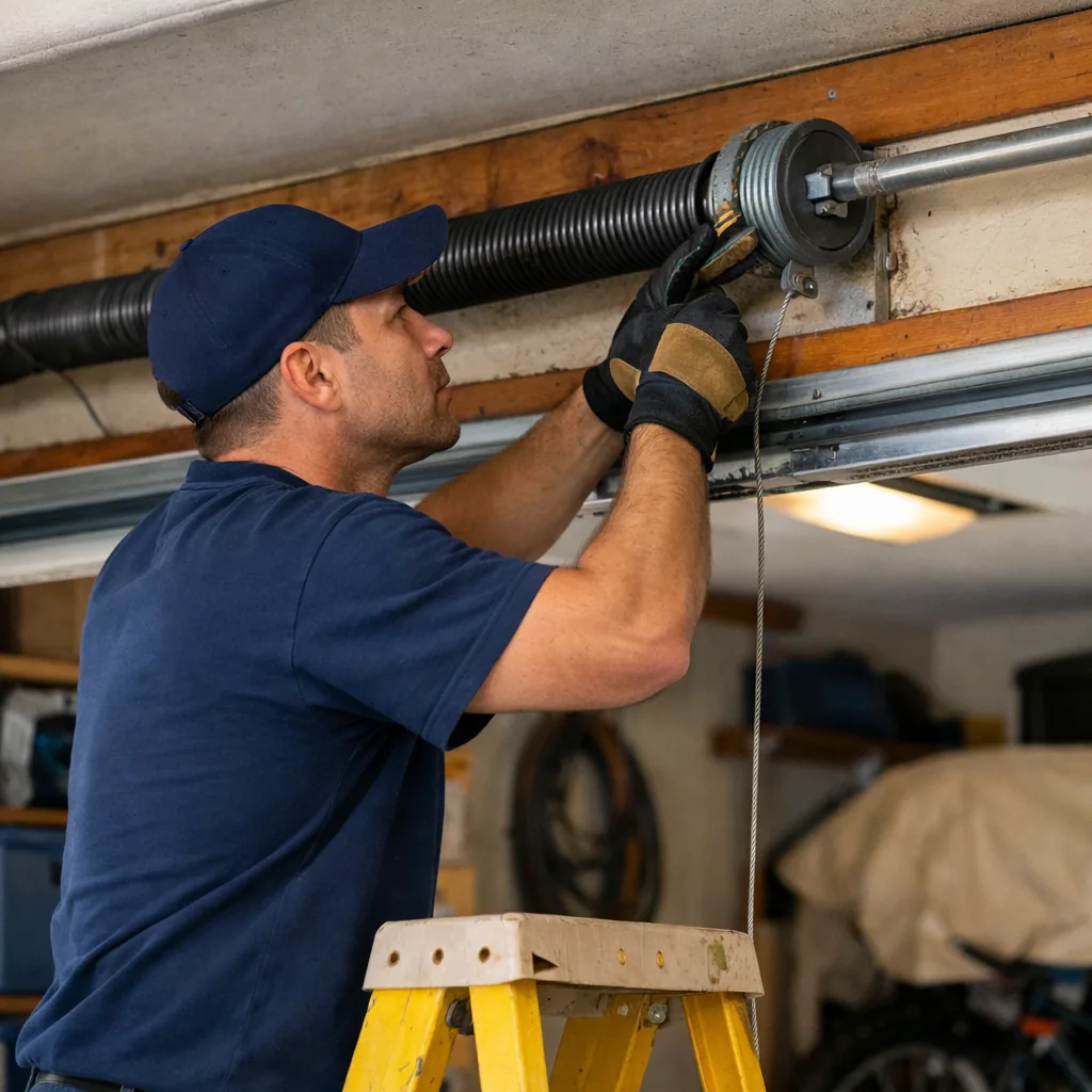 A technician in plain workwear on a ladder inspecting the torsion spring and cable drum above a residential garage door, interior view of a tidy single-car garage