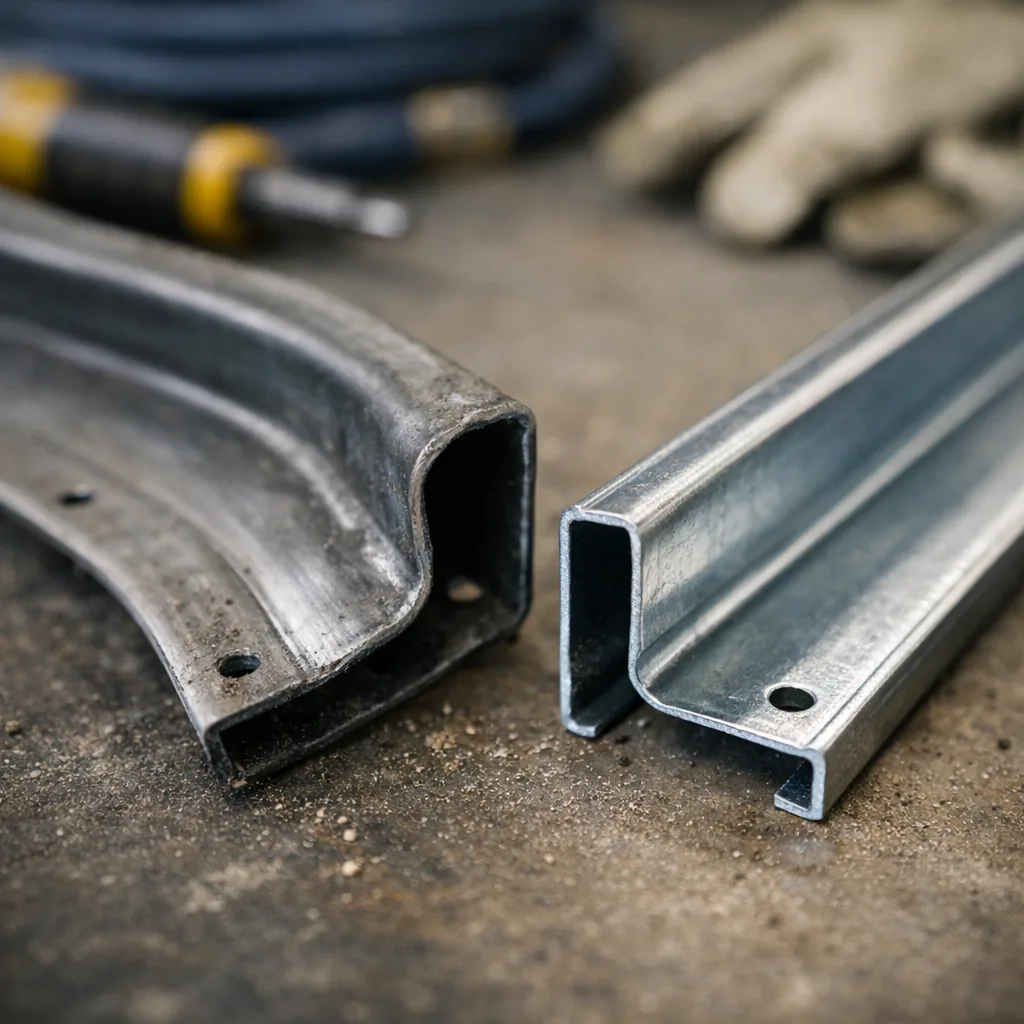 Close-up of a bent section of steel garage door track beside a straight replacement section, workshop floor