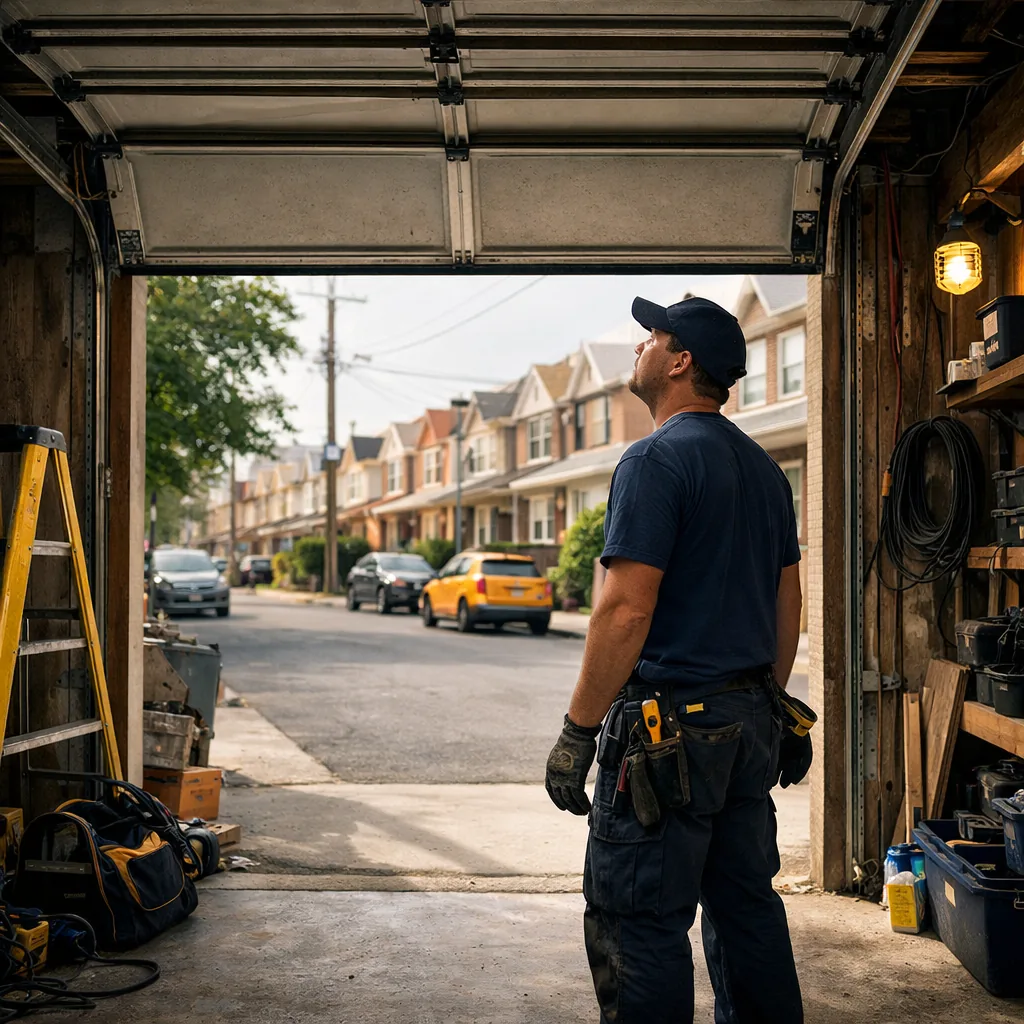 Wide view of a technician in plain workwear standing in an open residential garage doorway, looking up at a partly raised sectional door and its track, daylight, ordinary Queens street in the background, no signs or lettering