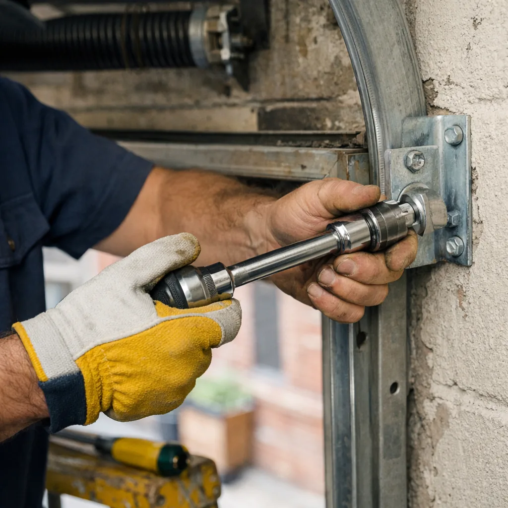 Technician in plain workwear tightening a track bracket to a garage wall with a socket wrench, close shot of hands and tool