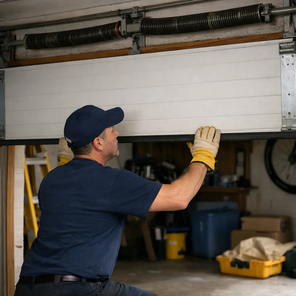 Interior of a residential garage with a technician in plain workwear manually lifting a sectional door a short way to test its balance, springs visible above
