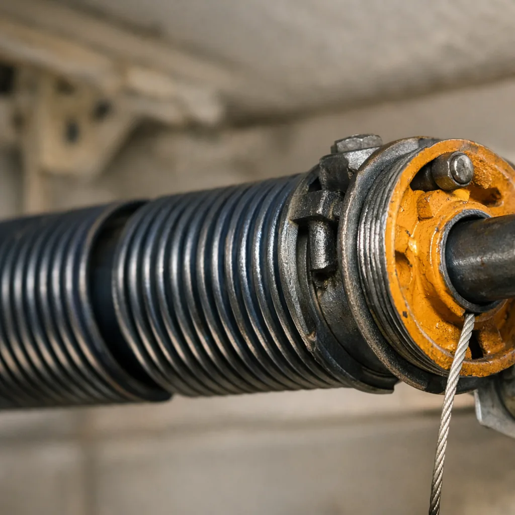 Close-up of a pair of garage door torsion springs on a steel shaft with a cable drum, clean garage ceiling setting, no text or labels