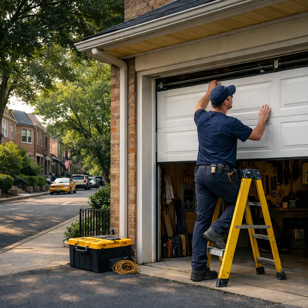 Wide shot of a technician in plain workwear examining the top section of a closed sectional garage door on a suburban house with a tree-lined street behind, soft daylight, no signage or text