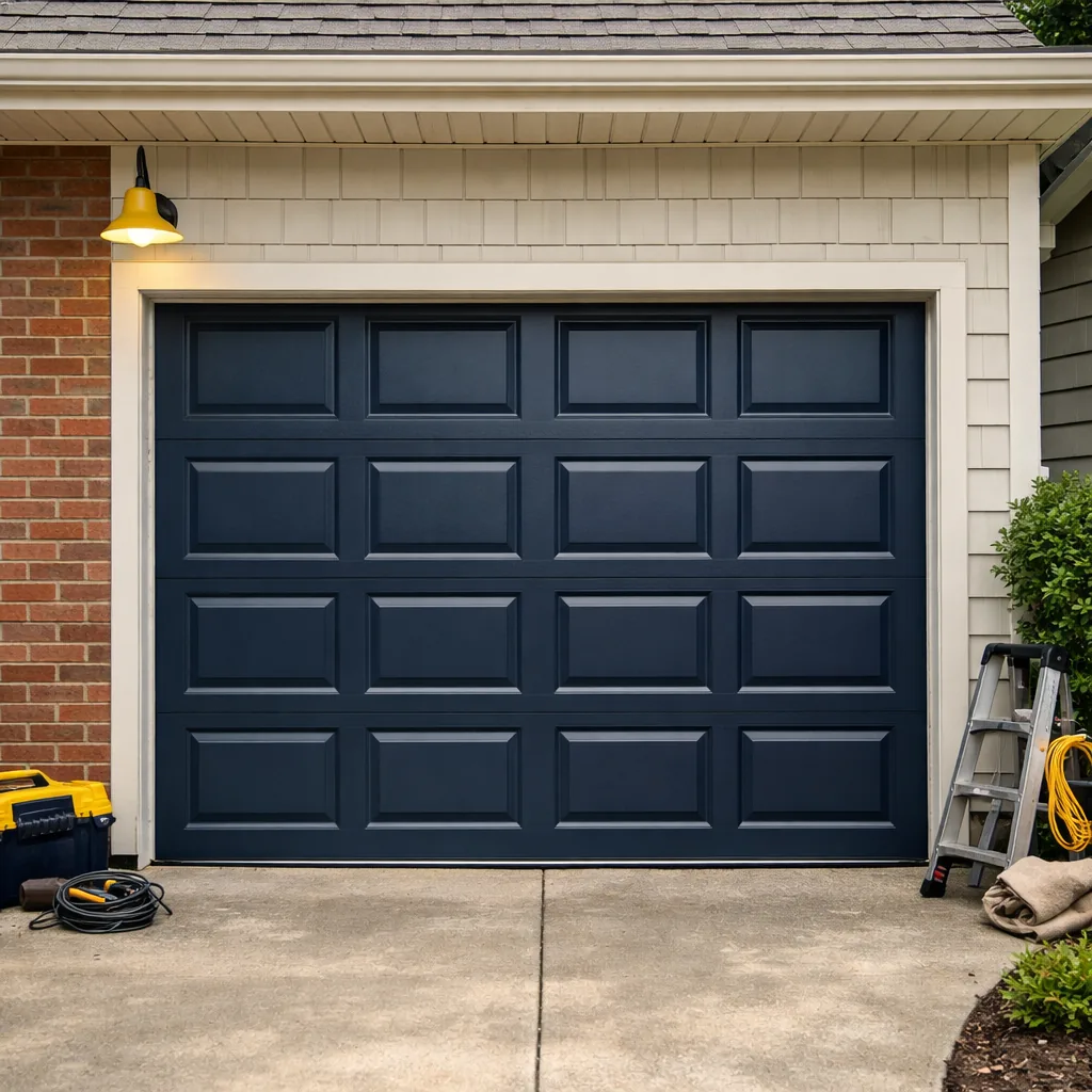 A repaired panelled garage door closed squarely on a tidy suburban house, even gap at the floor, no signage or house numbers