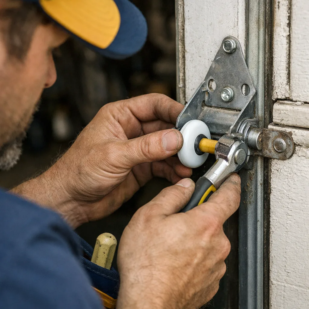 Technician in plain workwear fitting a new nylon roller into a garage door hinge, hands and door edge in close view