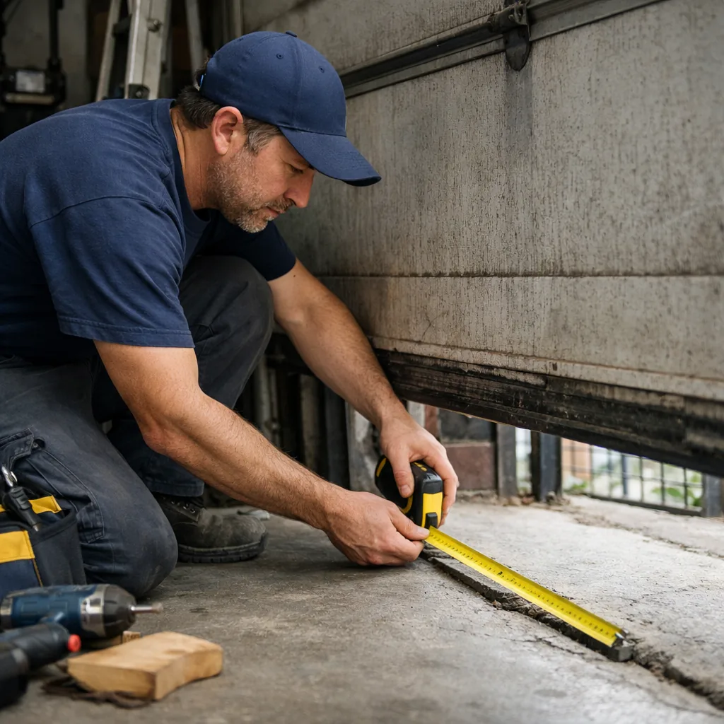 A technician in plain workwear measuring the gap at the bottom of a garage door with a tape measure while the door is partly open, interior garage view, no writing visible