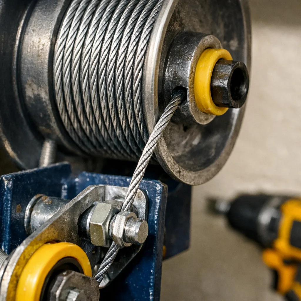 Close-up of a steel garage door cable seated on its drum with a bottom bracket, clean light, no text or branding