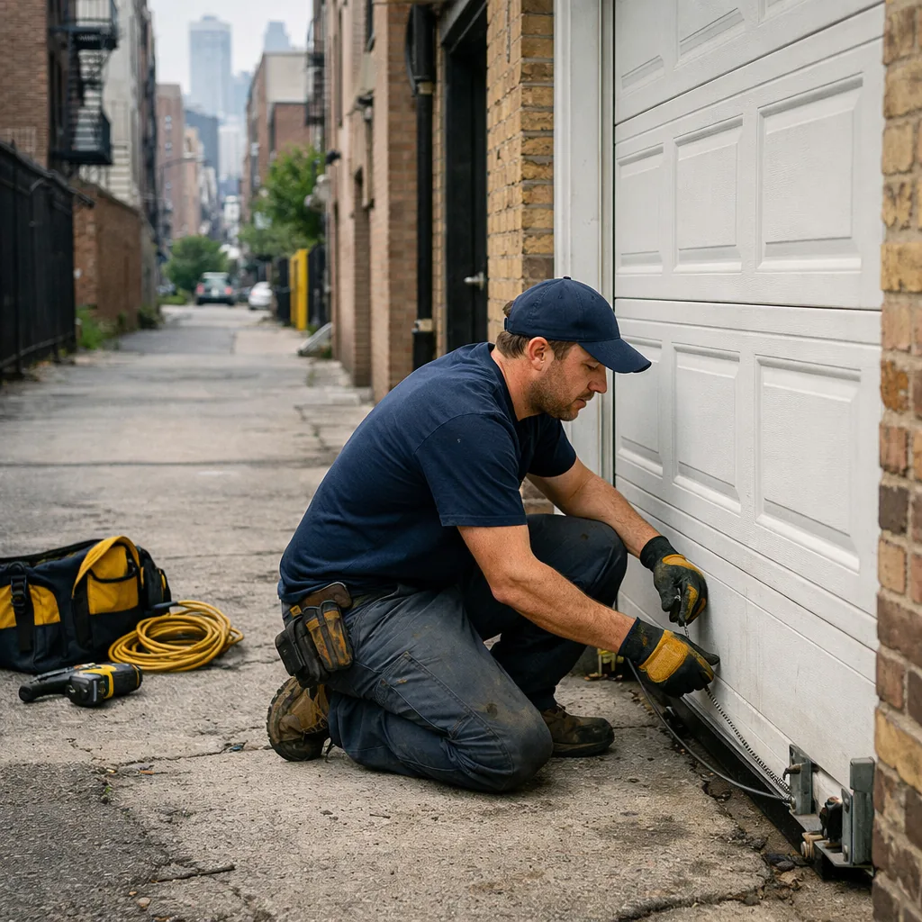 Wide view of a technician in plain workwear kneeling beside the bottom corner of a closed garage door, inspecting the cable and bottom bracket, narrow urban driveway setting, no text or signage