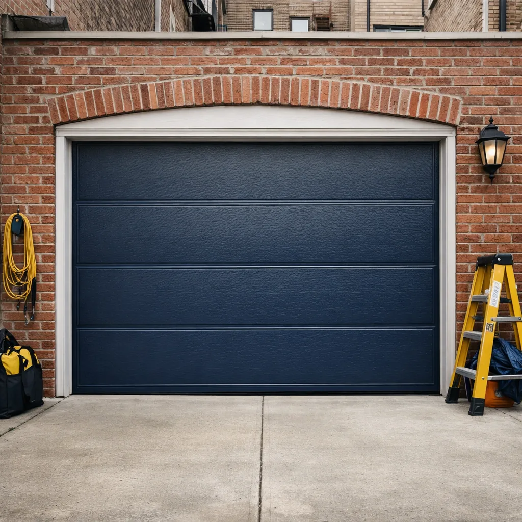 A repaired garage door closed flush in a brick-fronted attached garage opening, even gap across the bottom, no signage