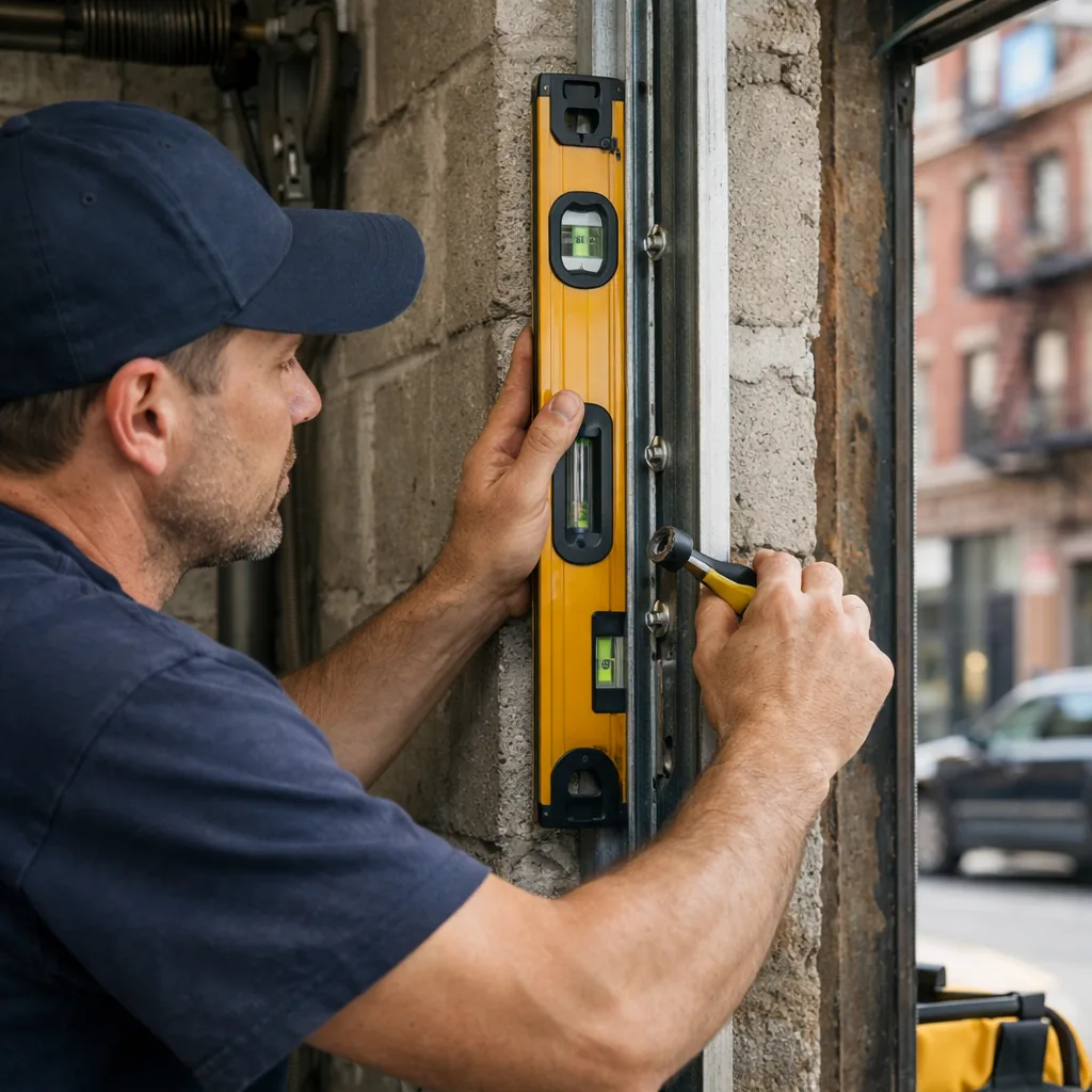 Technician in plain workwear leveling a vertical garage door track against a wall, using a level, hands and track in focus