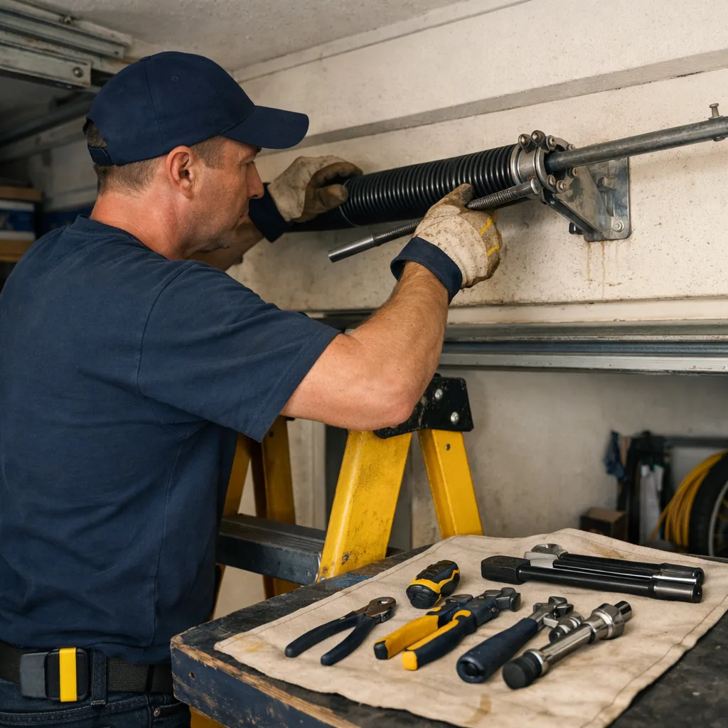 Technician in plain workwear on a stepladder adjusting spring tension on a garage door shaft, interior of a narrow garage, tools on a canvas mat, no lettering