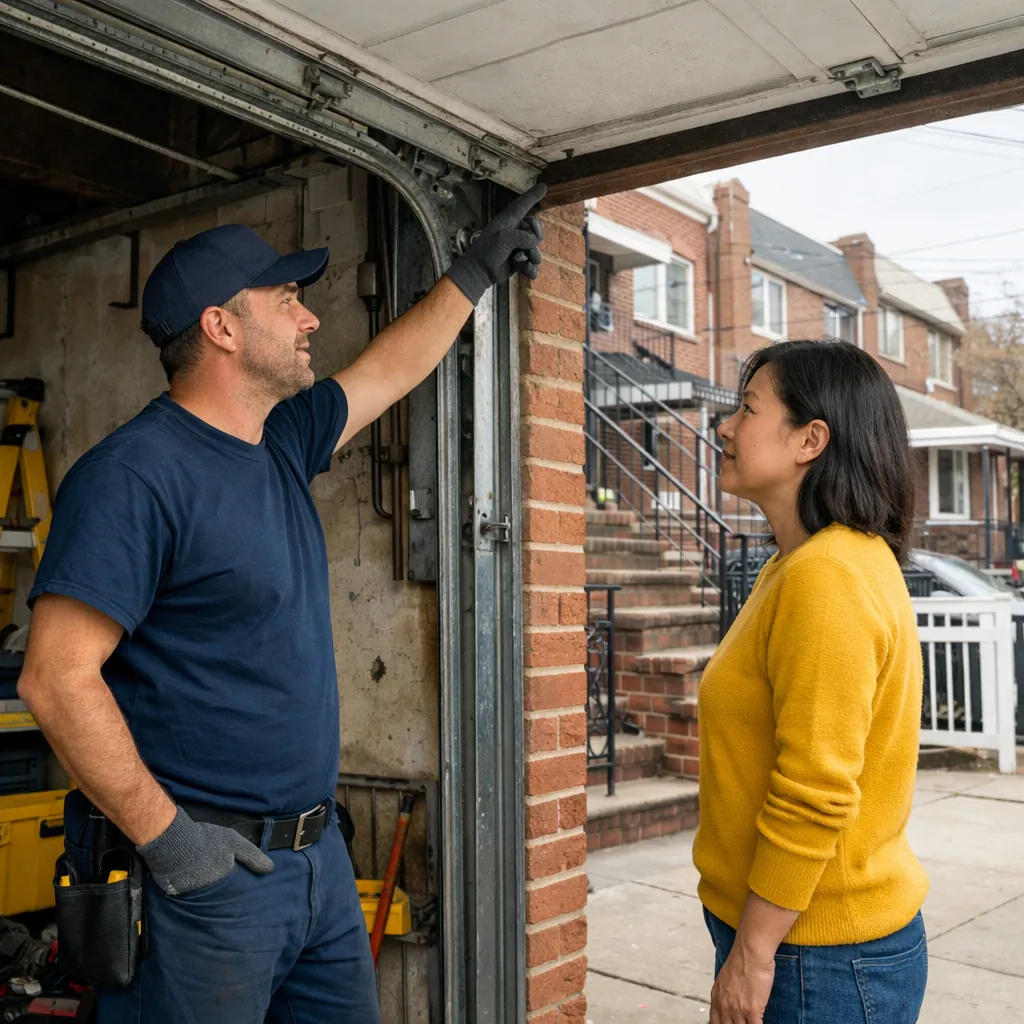 A technician in plain workwear talking with a homeowner beside an open garage door, pointing to the track