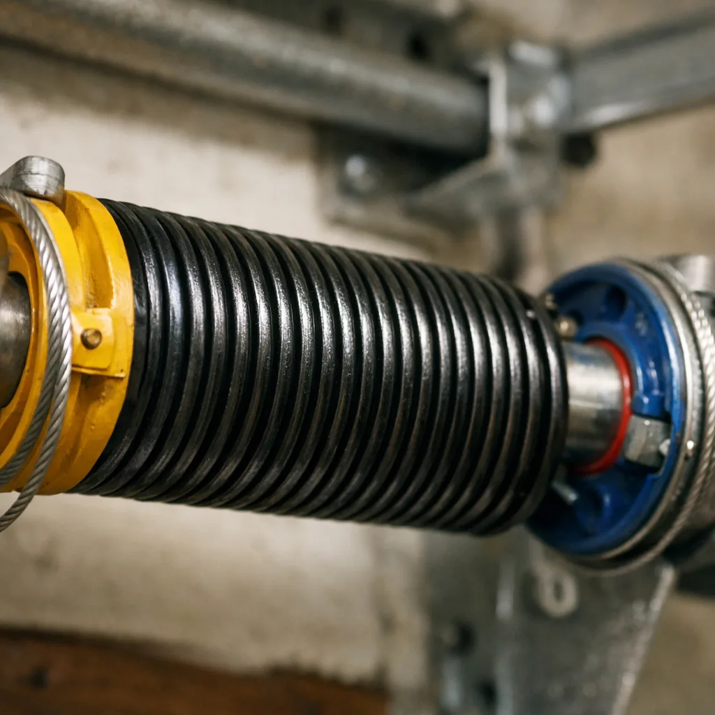 Close-up of a new torsion spring wound on its shaft over a garage door, with clean cable drums at each end