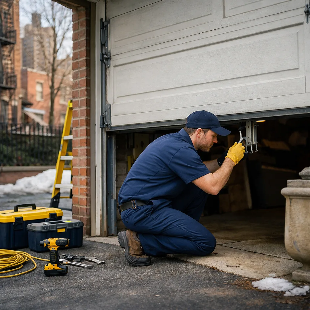 A technician in a plain uniform kneeling beside a residential sectional garage door in a New York driveway, checking the track and rollers with the door half open