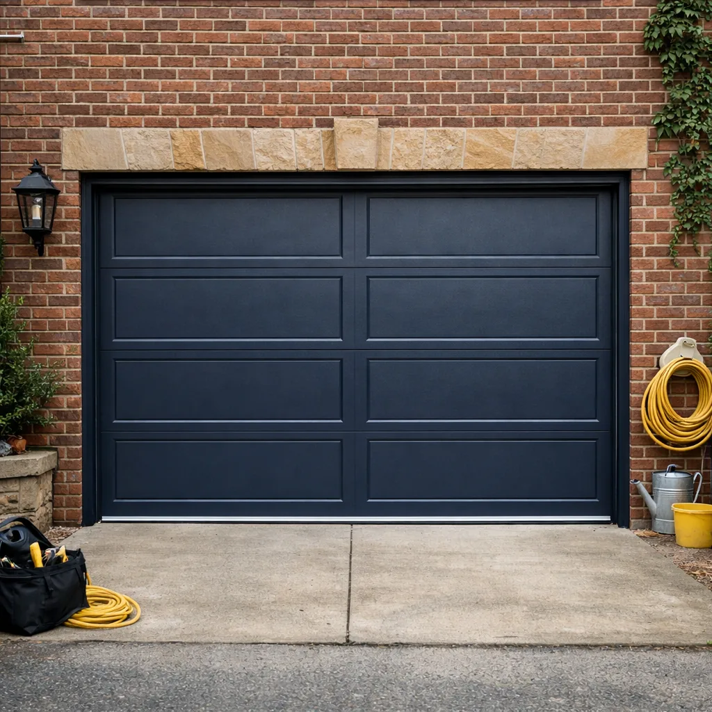 A repaired two car steel garage door on a New York brick home, fully closed and evenly aligned along the bottom edge