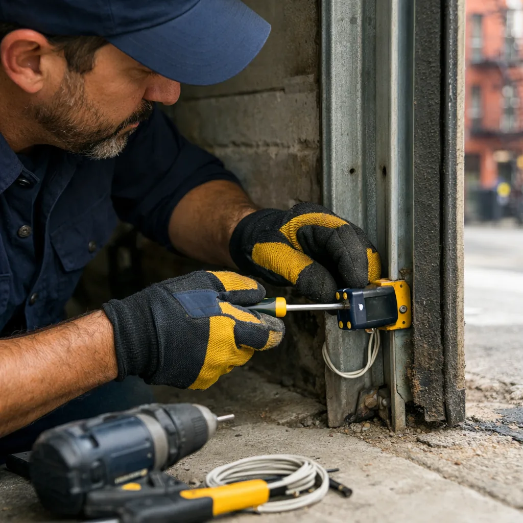 A technician adjusting a safety sensor bracket low on the track beside a garage door opening