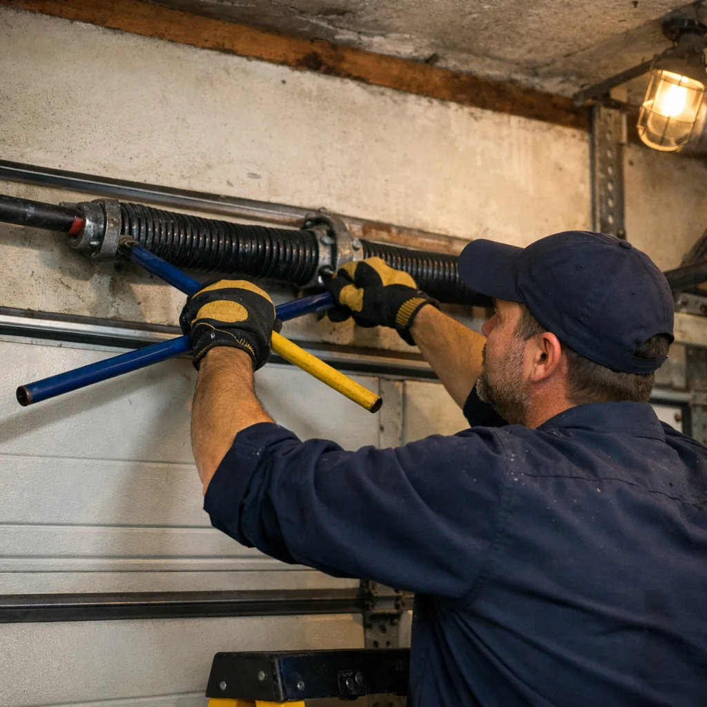A technician using winding bars on a torsion spring above a closed residential garage door, working carefully in good light