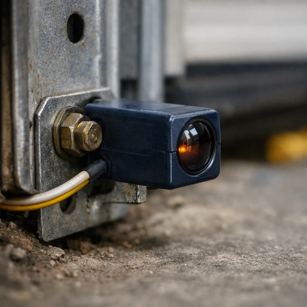 Close-up of a safety photo-eye sensor mounted on a track bracket near the floor, with a short wire