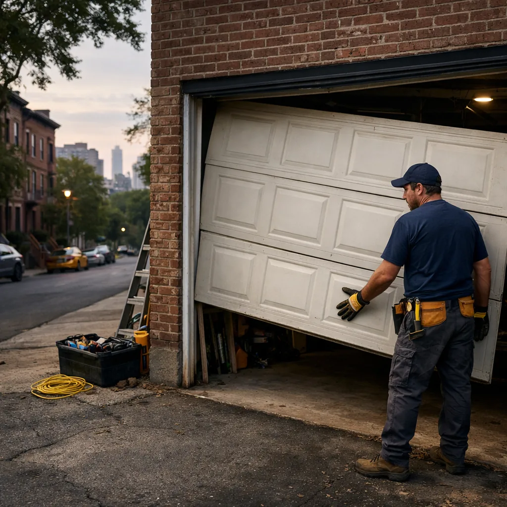 Wide shot of a technician in plain workwear standing at a garage door that hangs slightly crooked, one hand on the lower panel, residential street in soft light