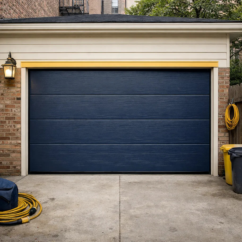 A repaired sectional garage door closed evenly in a residential house frontage, straight line across the bottom