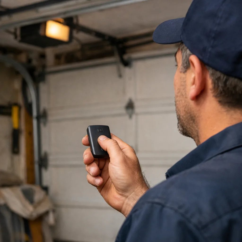A technician in plain workwear holding a small plain garage door remote while looking at the door, close shot