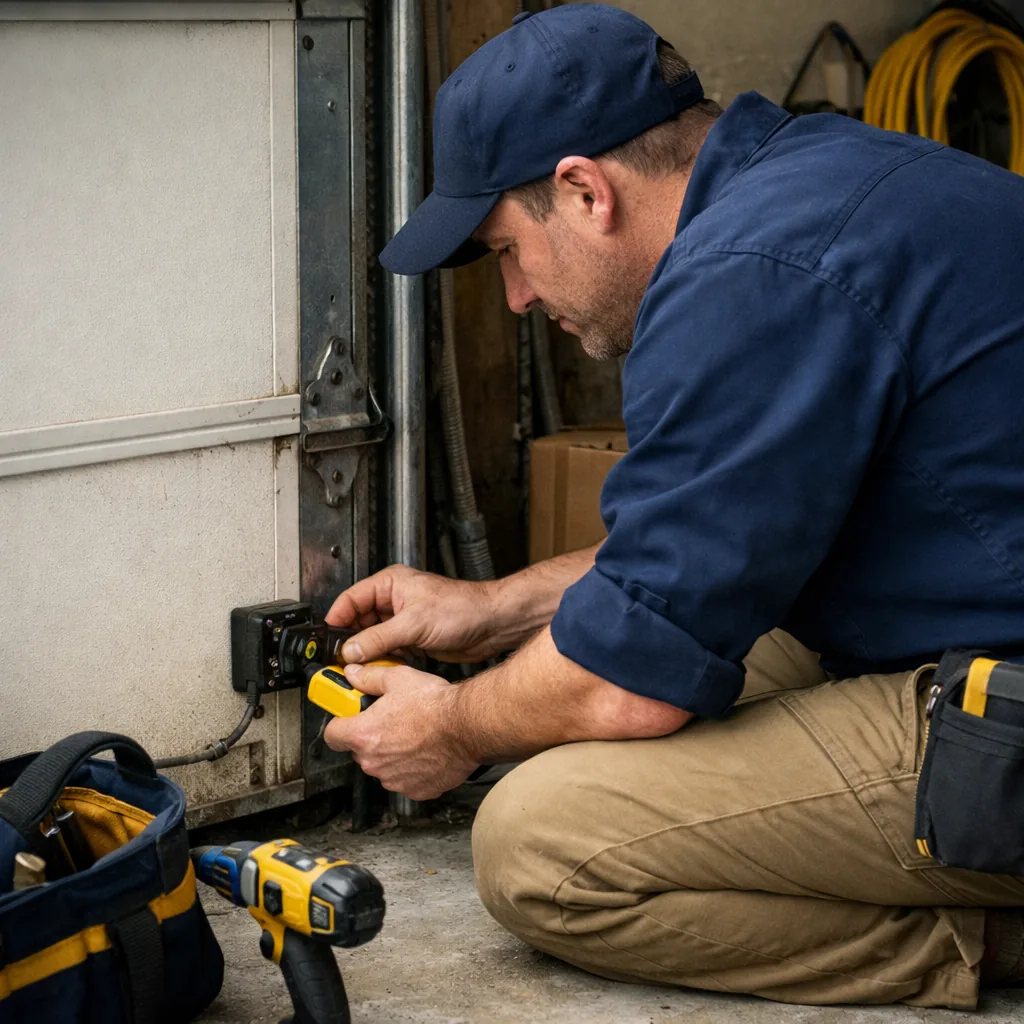 Interior garage view of a technician in plain workwear testing a photo-eye safety sensor near the floor beside the garage door track